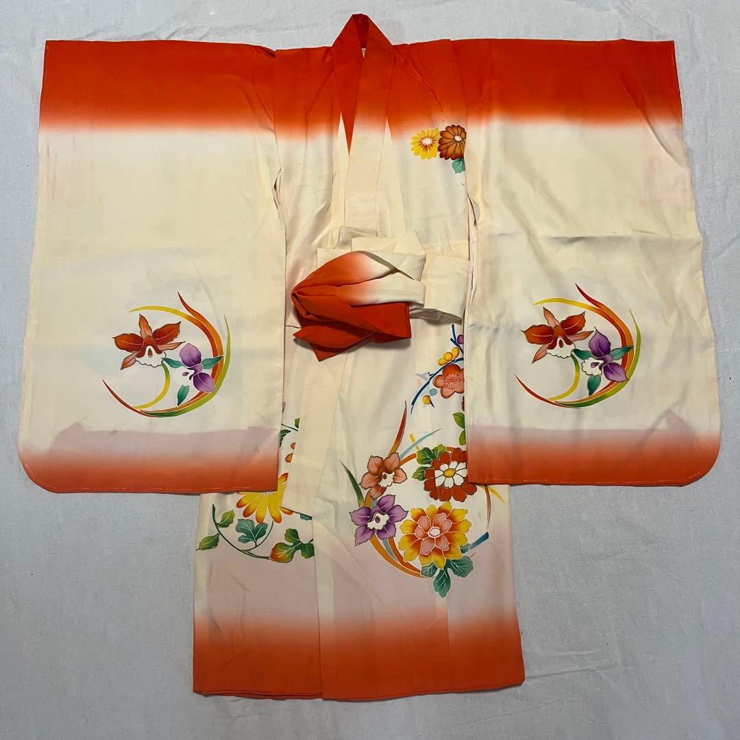 七五三　3歳　オレンジ　正絹　アンティーク　桔梗　被布