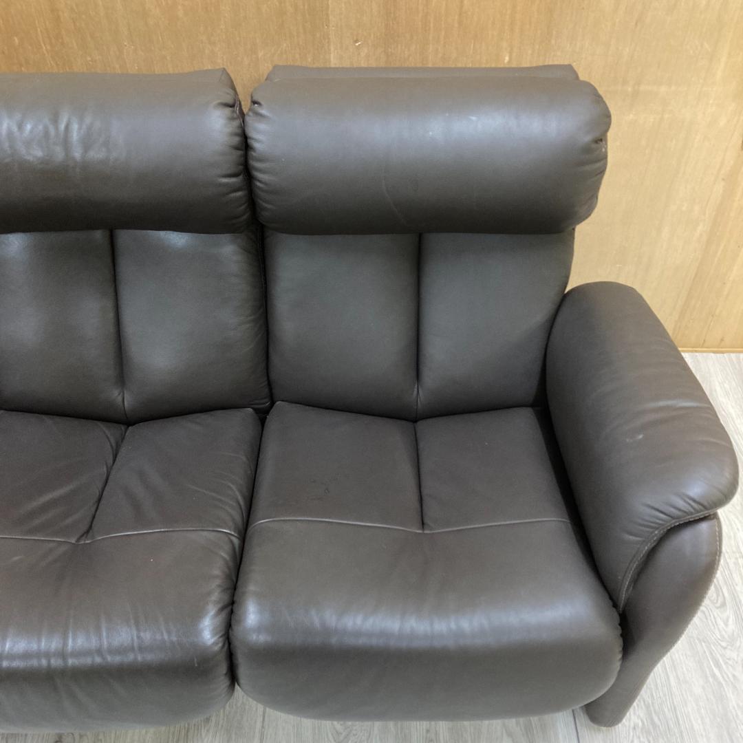 リクライニングソファ　三人掛け　ヘッドレスト可動式　本革