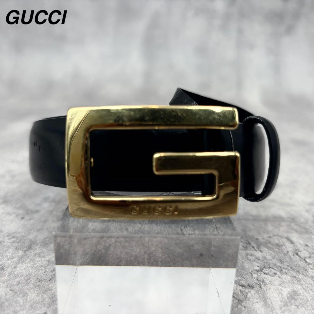【極美品✨】 GUCCI ベルト レザー ブラック ゴールドバックル 男女兼用