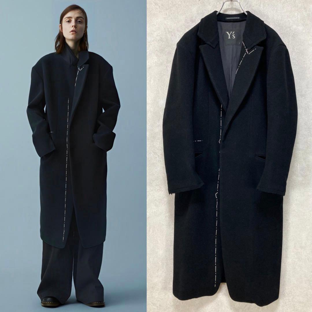鴨Y's 18AW メルトンウール ステッチ チェスターコート 黒1