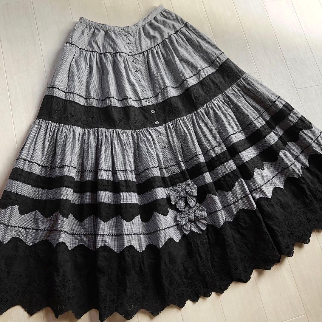 ピンクハウス 白×黒 チェック柄 ローズ刺繍 レース パッチワーク スカート