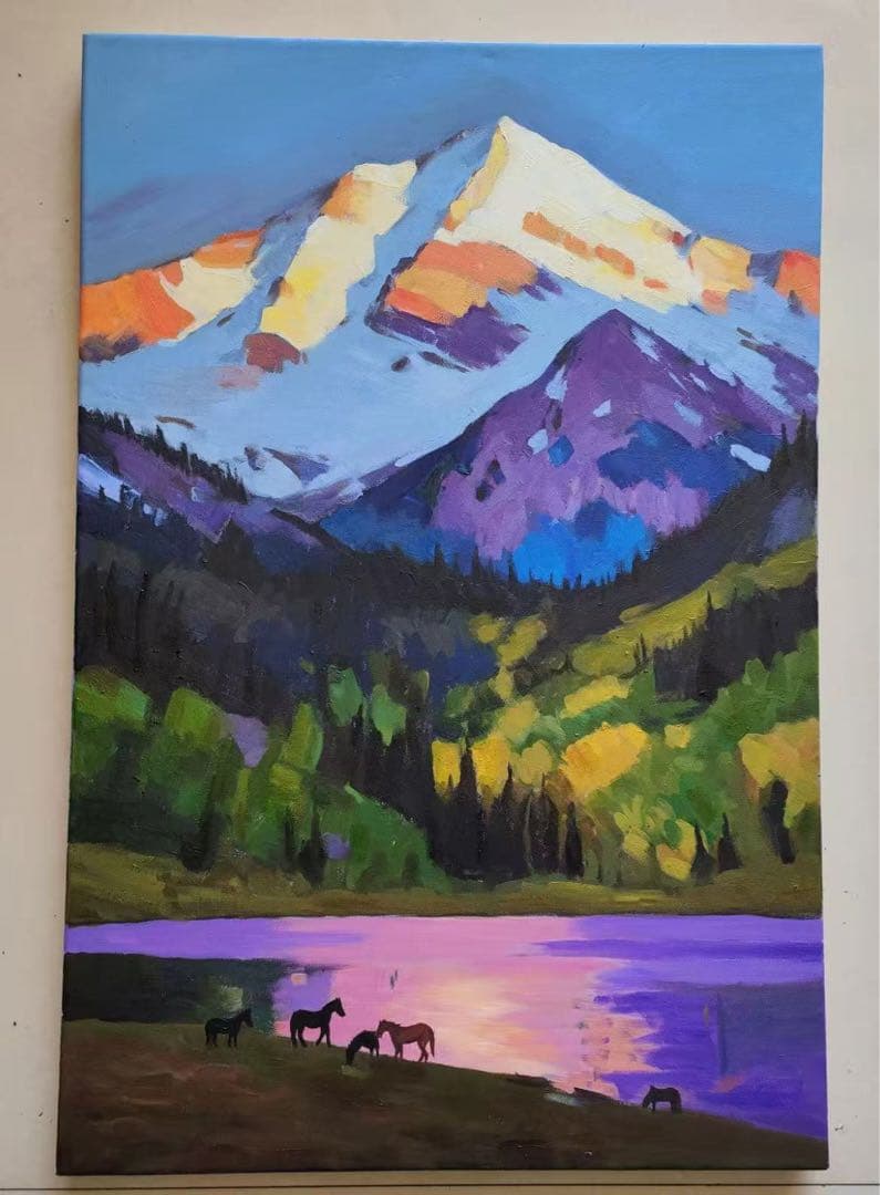 風景画 山と馬 油絵p(