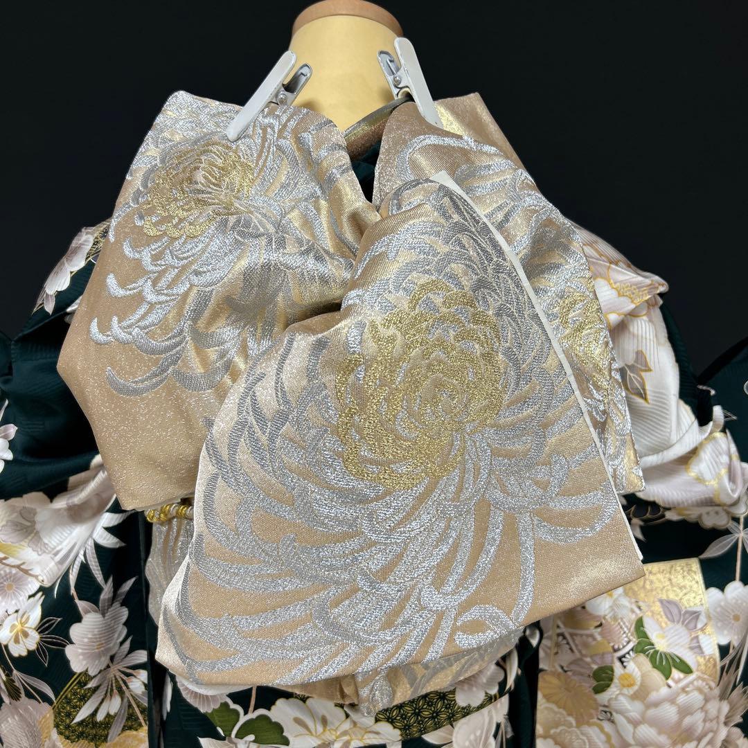 深緑色の豪華な牡丹に松竹梅の古典振袖フルセット(ガード加工・着物バック・髪飾り)
