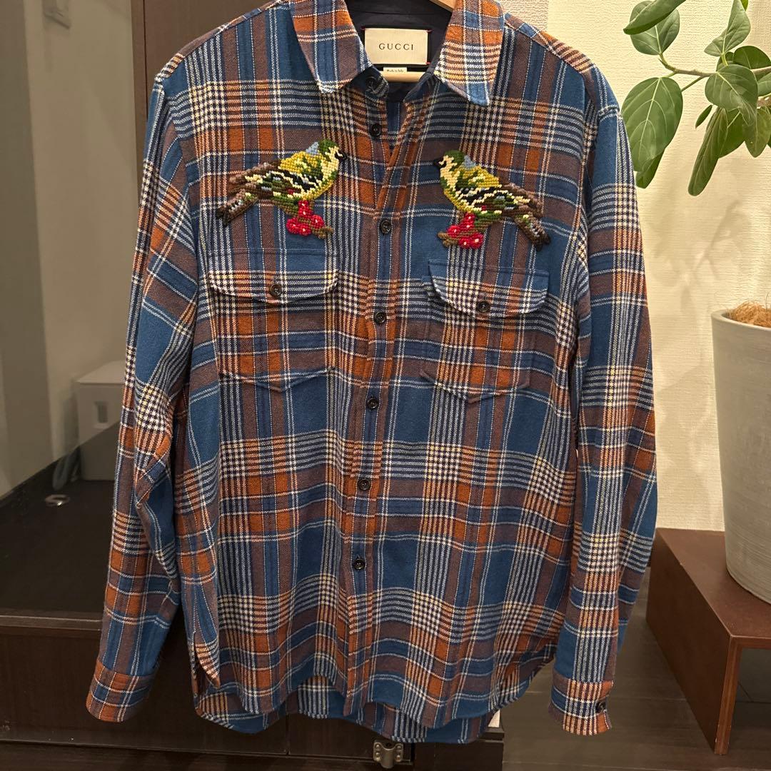 GUCCI チェックシャツ バードエンブロイダリー シャツ