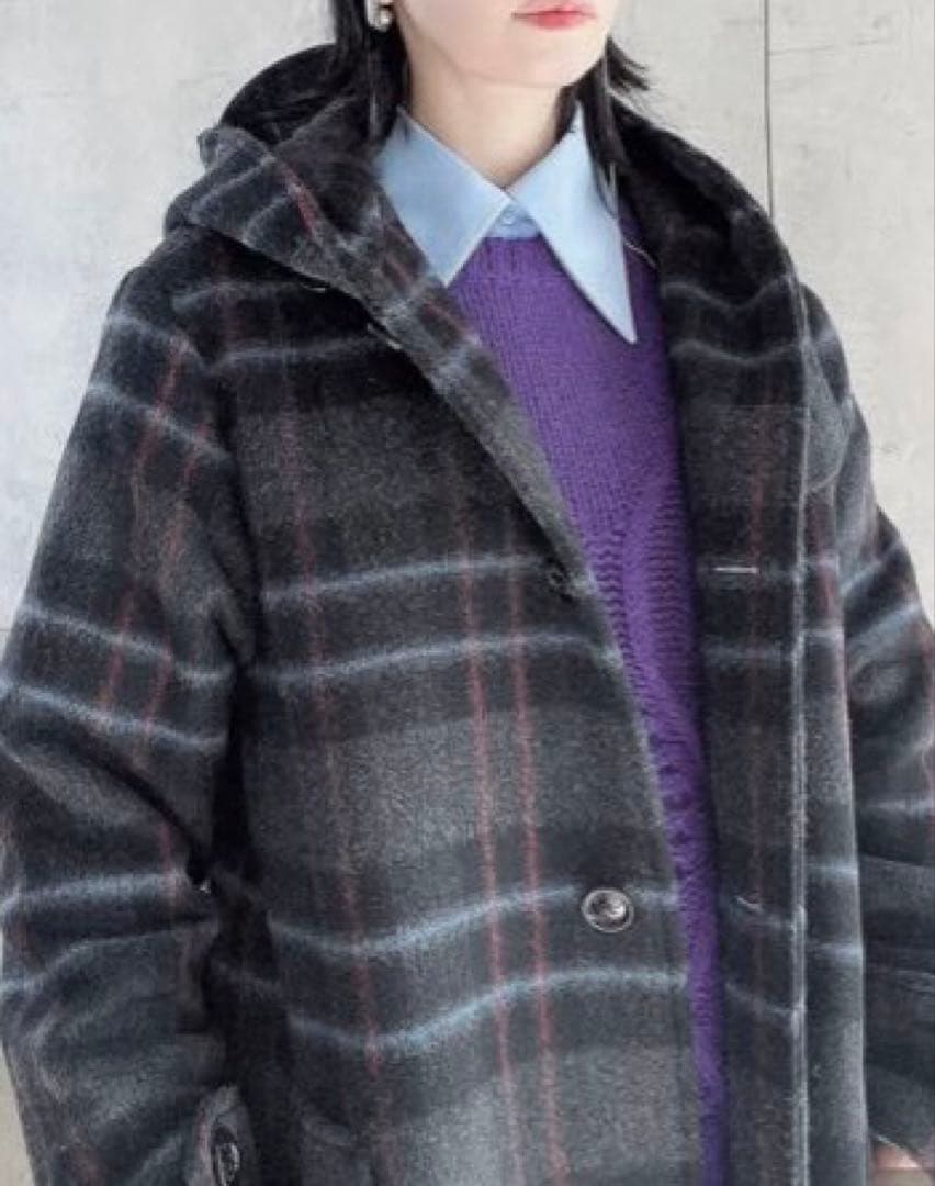 メゾンレネー　チェック　フード　ロングコート