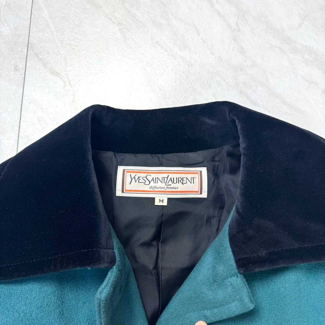 イヴサンローラン ウール ベロア マキシ丈 ロングコート ターコイズブルー M