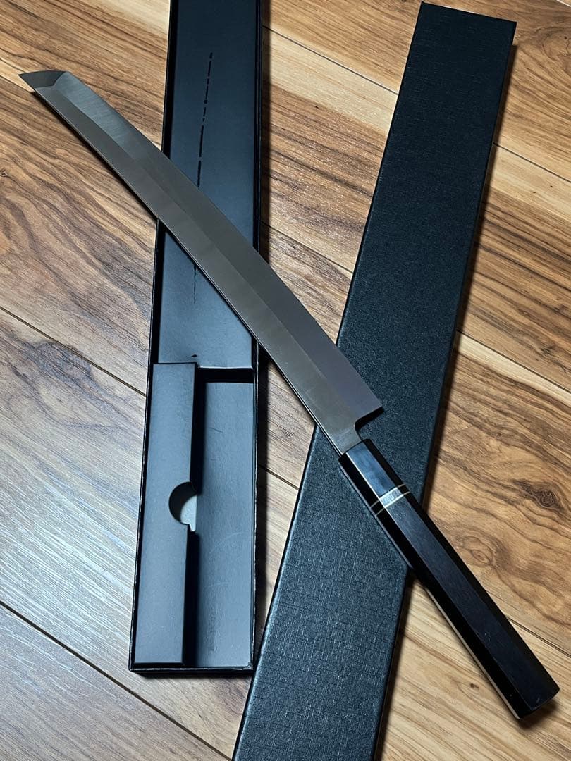 新品未使用　包丁　先丸型蛸引　鬼反り　切味抜群　箱付　本焼き作法