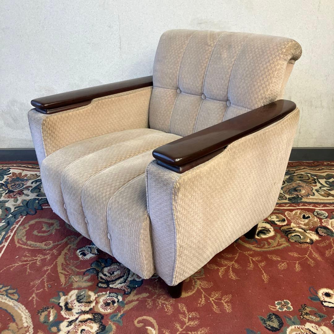 ② 昭和レトロ 馬場家具 木製フレーム アームチェア 1人掛けベロアソファー