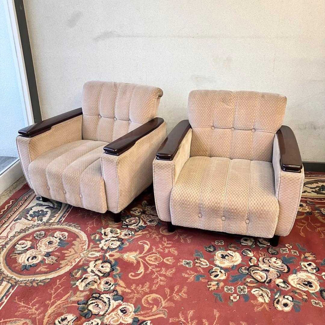 ② 昭和レトロ 馬場家具 木製フレーム アームチェア 1人掛けベロアソファー