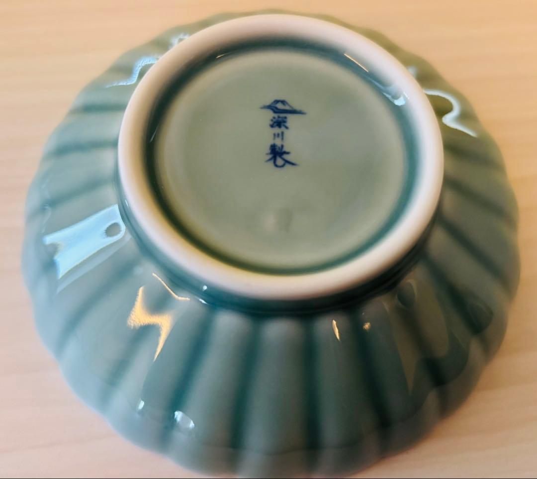 【未使用品】深川製磁　小皿5枚　菊花形青磁 菊割小付揃　宮内庁御用達