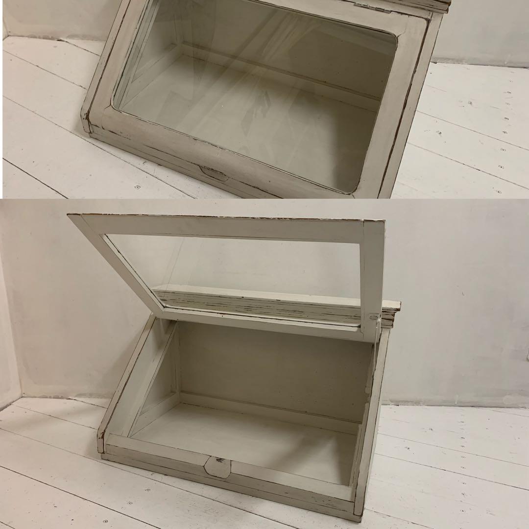 VINTAGE Antique レトロ ガラスショーケース ホワイトペイント 棚