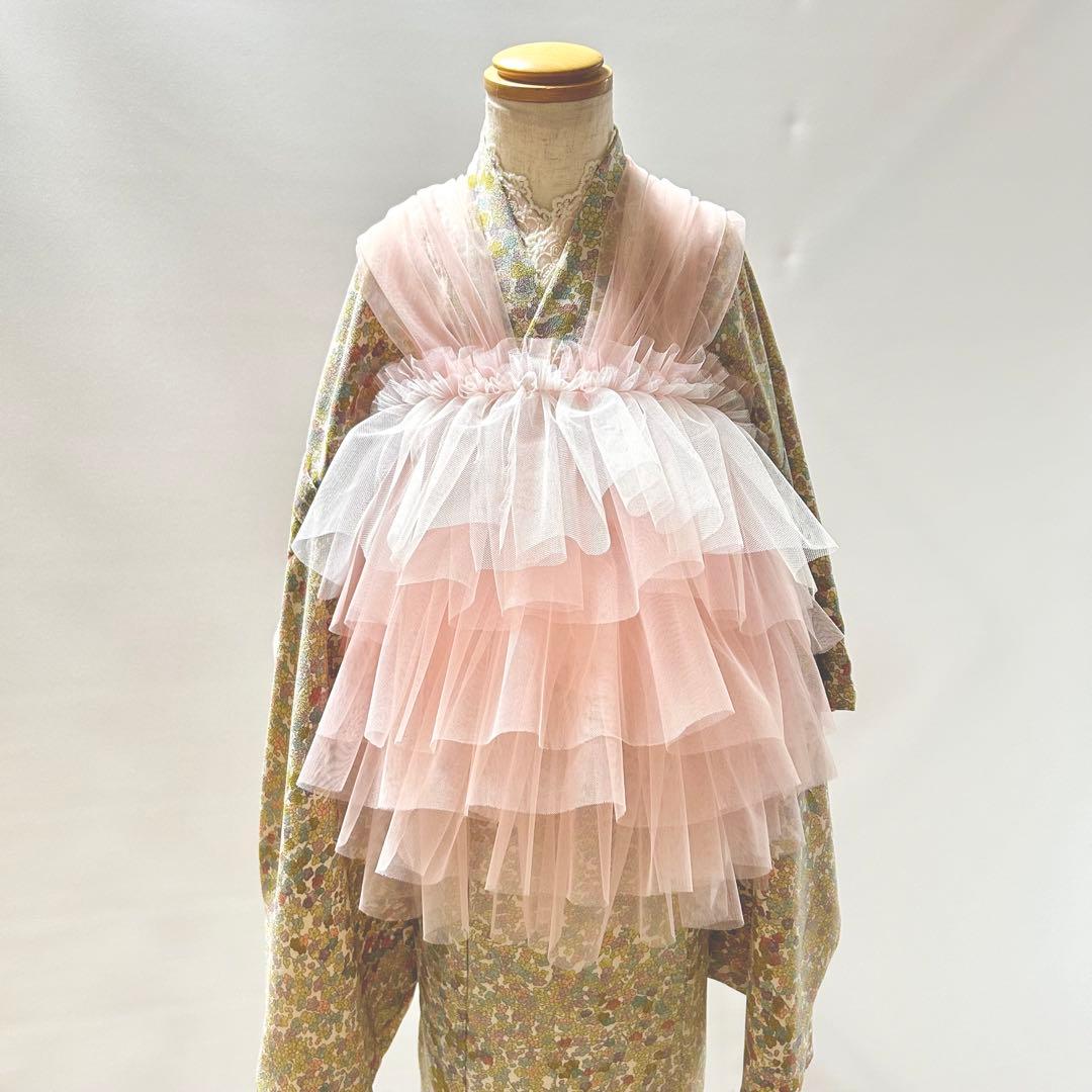被布エプロン【桜ピンク】チュール被布　被布ドレス　七五三　3歳着物