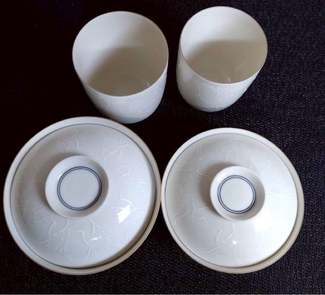 箱付き　東裁 湯のみ 蓋付き茶碗　セット ① 鶴　千羽鶴 【10131m】