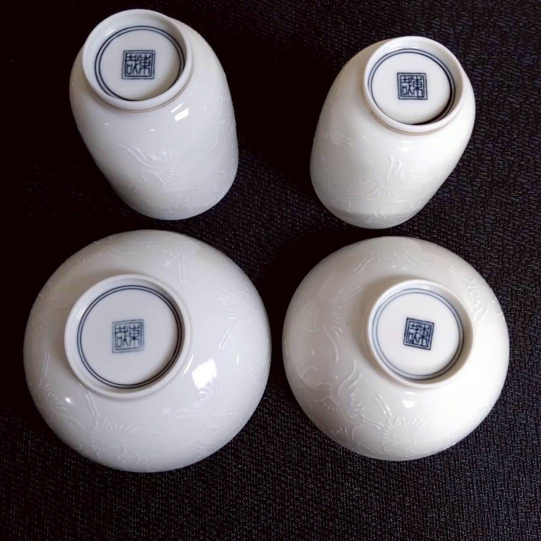 箱付き　東裁 湯のみ 蓋付き茶碗　セット ① 鶴　千羽鶴 【10131m】