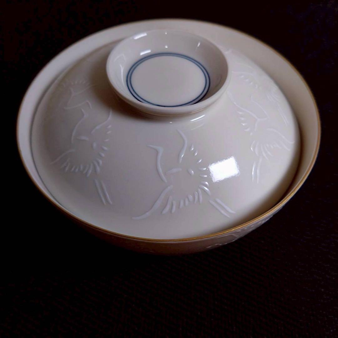 箱付き　東裁 湯のみ 蓋付き茶碗　セット ① 鶴　千羽鶴 【10131m】