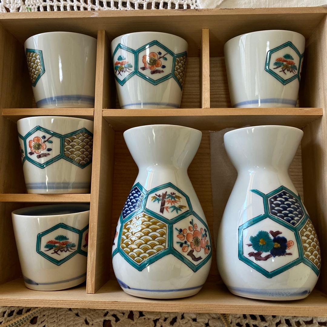 九谷焼　倣古九谷　蕎麦猪口　蕎麦つゆ入れ　圓山造　角福　青海波　蕎麦用食器セット