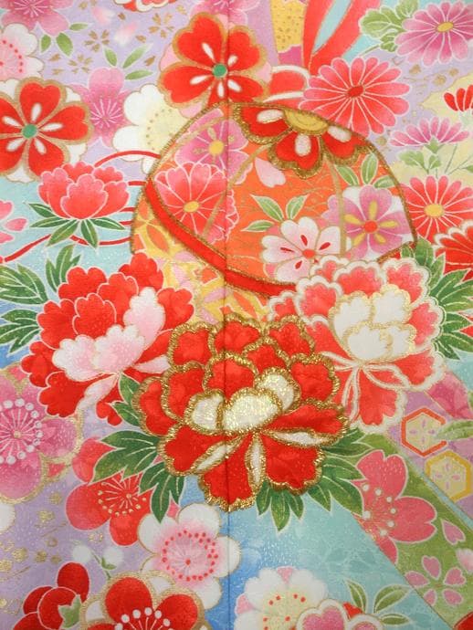 七五三やお祝い着 四つ身 ７歳 女の子 振袖 着物 水色系4516【中古】