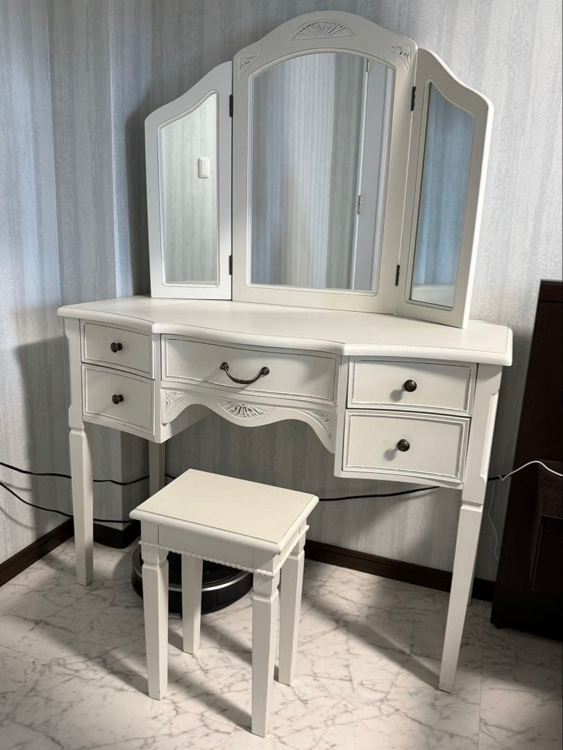 ドレッサー アンティーク鏡・引き出し・スツール付き 幅100×奥40×高約145