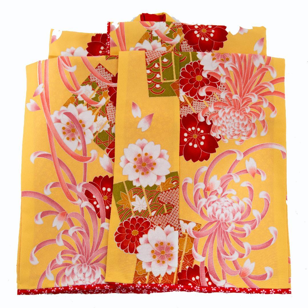 七五三　７歳～10歳　振袖　和モダン　山吹色/黄色　日本製 高級縮緬地