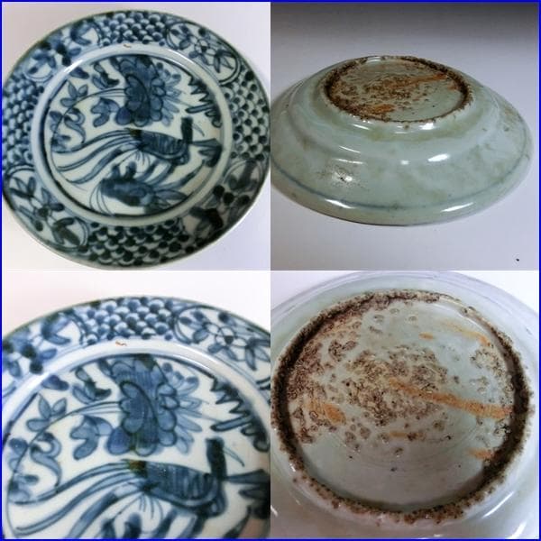 皿■中国明王朝期 花唐草 砂高台 鳳凰芙蓉文様 呉須染付皿 砂高台 古玩 唐物■