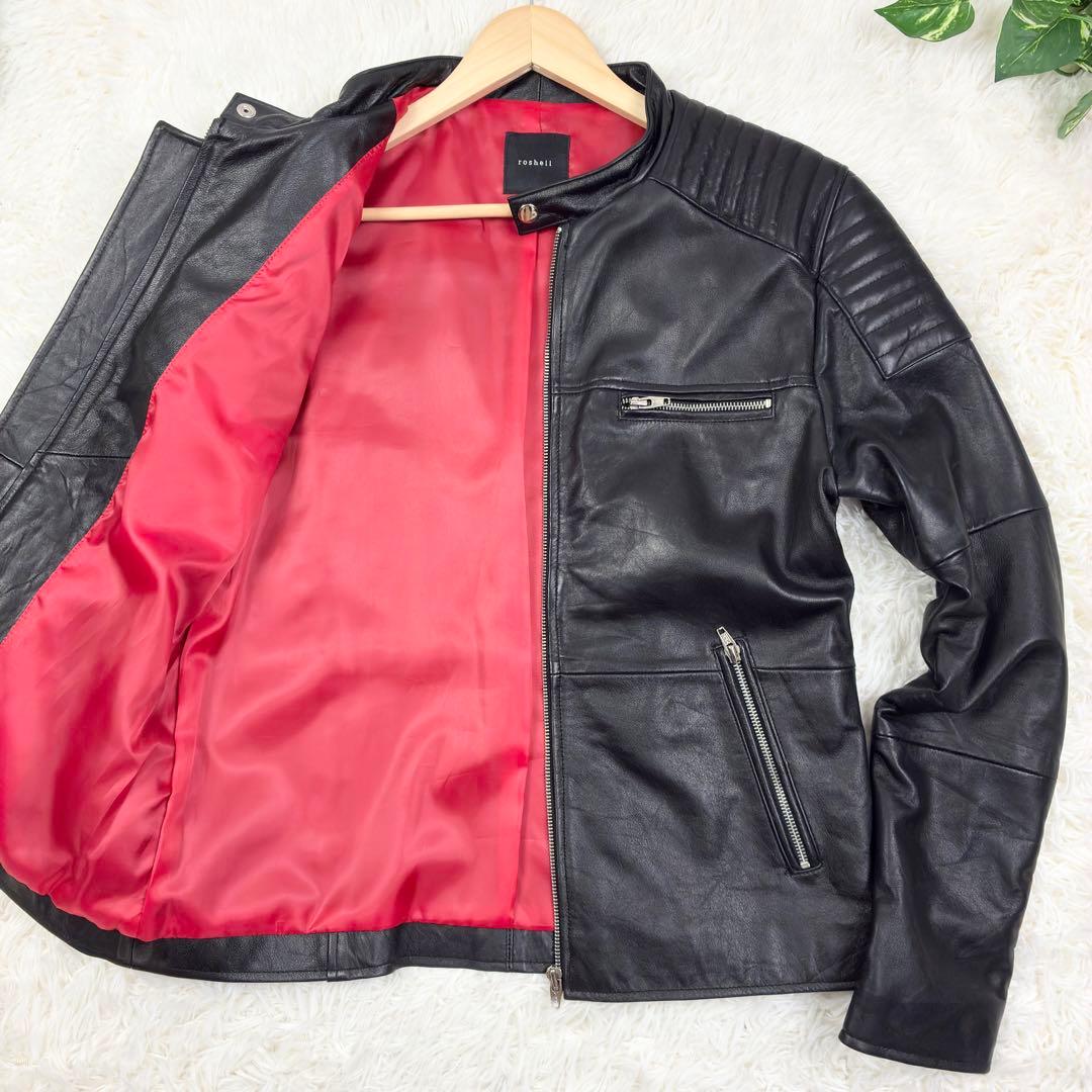 美品　ロシェル　本革　シングルライダース　レザージャケット　蛇腹デザイン　L