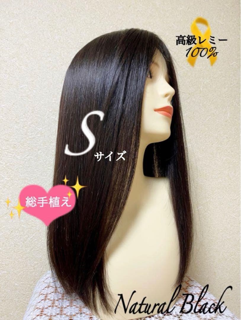 高級レミー人毛100% 自然な黒【総手植えS】シルクスキン　フルウィッグ