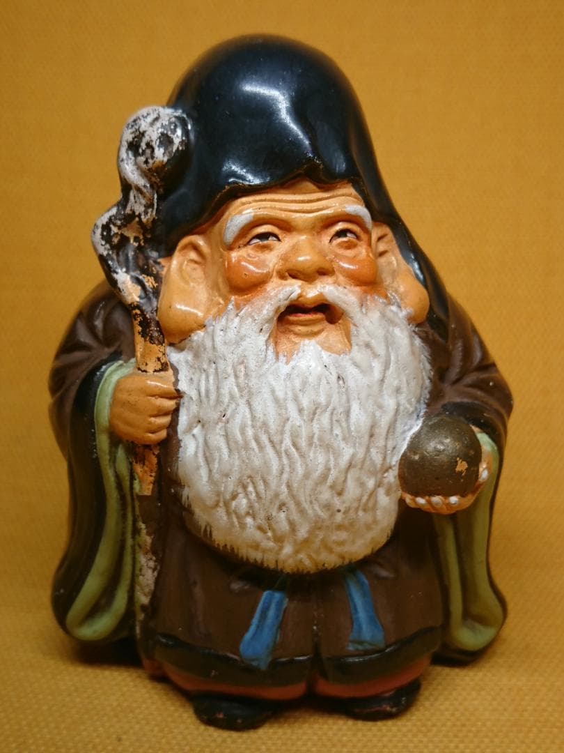 仏教美術　福禄寿　陶器　色絵　置物　インテリア　工芸品　美術品　A3033