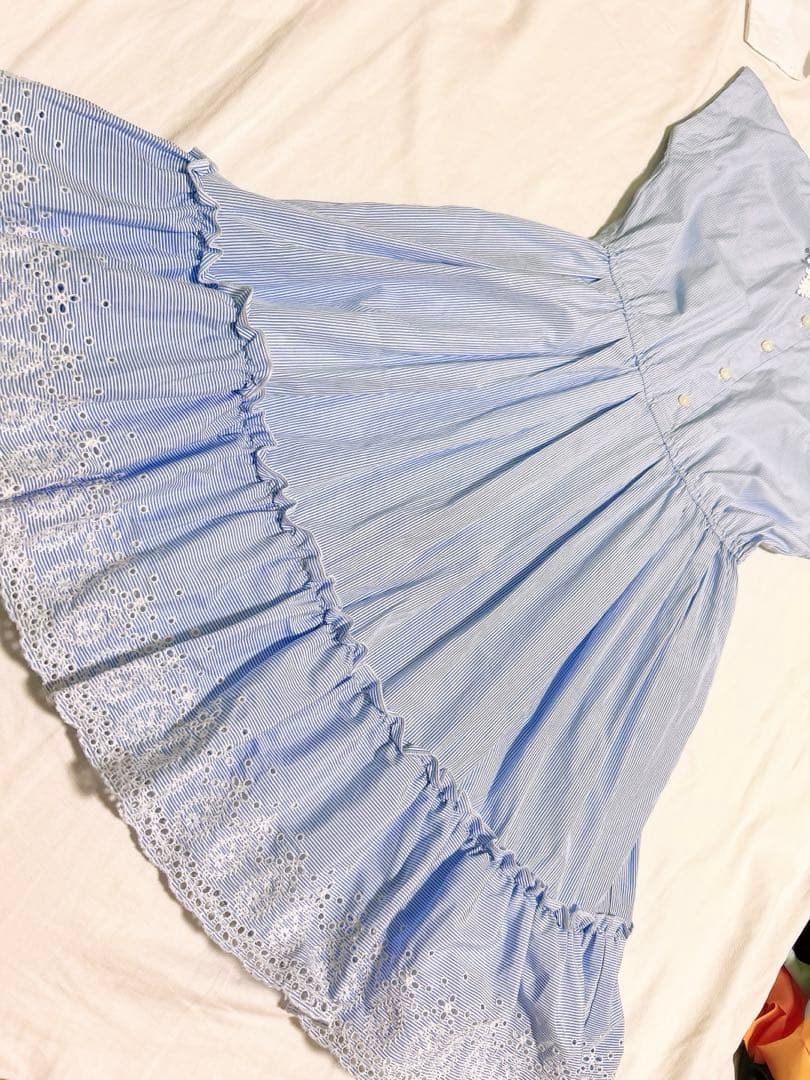 ケイトスペード サックスブルー 白 水色 ストライプ レース襟 半袖ワンピース