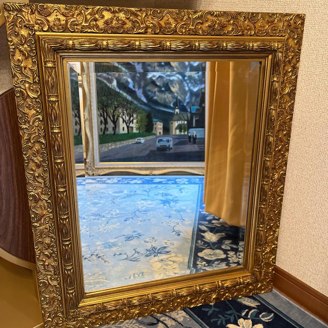 【るり】装飾的なゴールドフレームミラー 中型