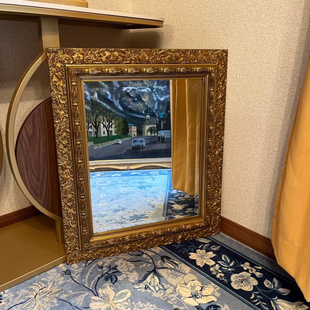 【るり】装飾的なゴールドフレームミラー 中型