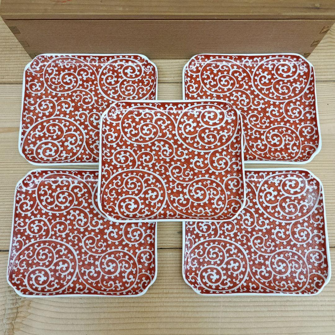 有田焼　幸楽窯　赤絵　蛸唐草　5枚　小皿　角皿　古伊万里