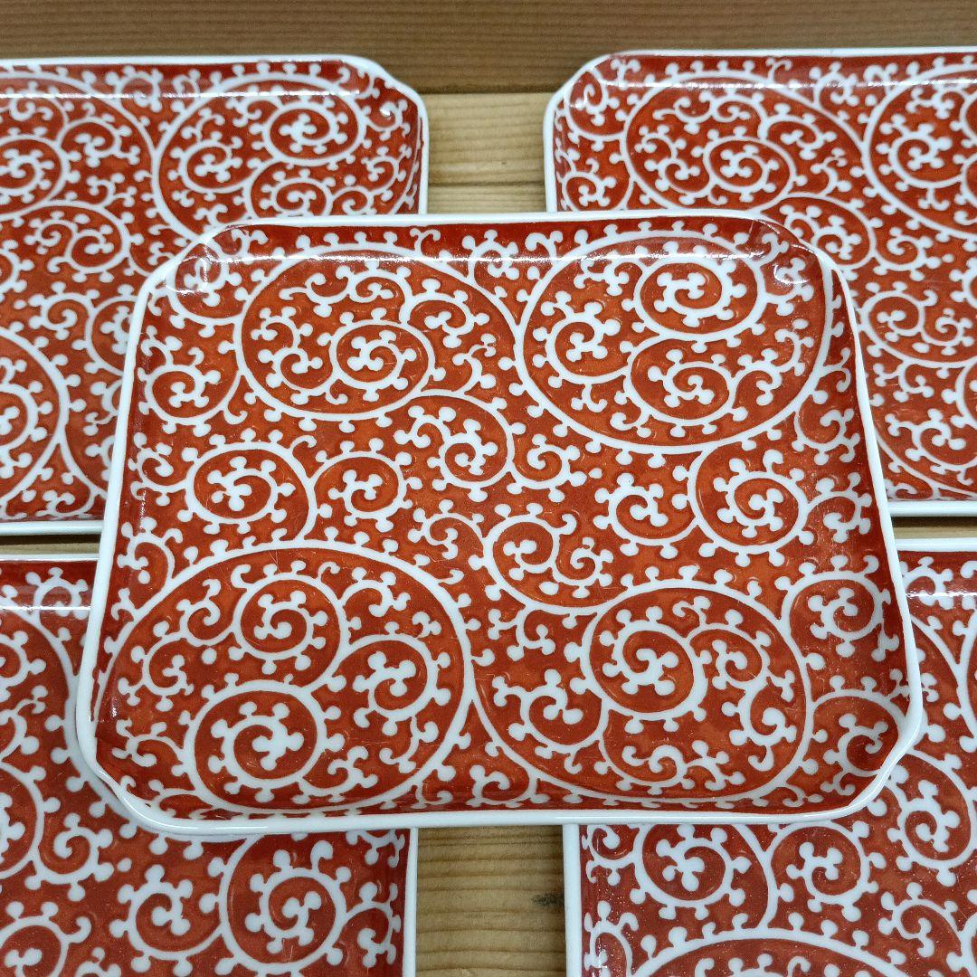 有田焼　幸楽窯　赤絵　蛸唐草　5枚　小皿　角皿　古伊万里