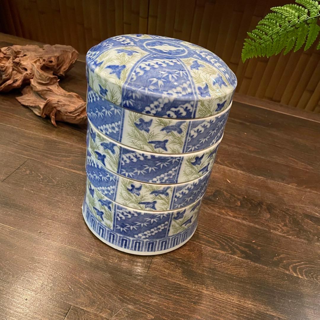 ビンテージ 丸型 松竹梅 千鳥 陶磁器 重箱☆印判 古民家 骨董 鶴 粋 風雅