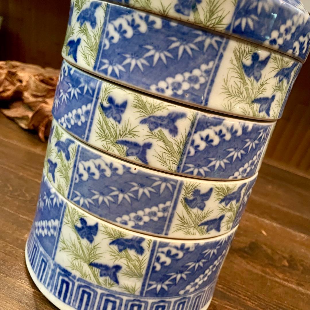 ビンテージ 丸型 松竹梅 千鳥 陶磁器 重箱☆印判 古民家 骨董 鶴 粋 風雅