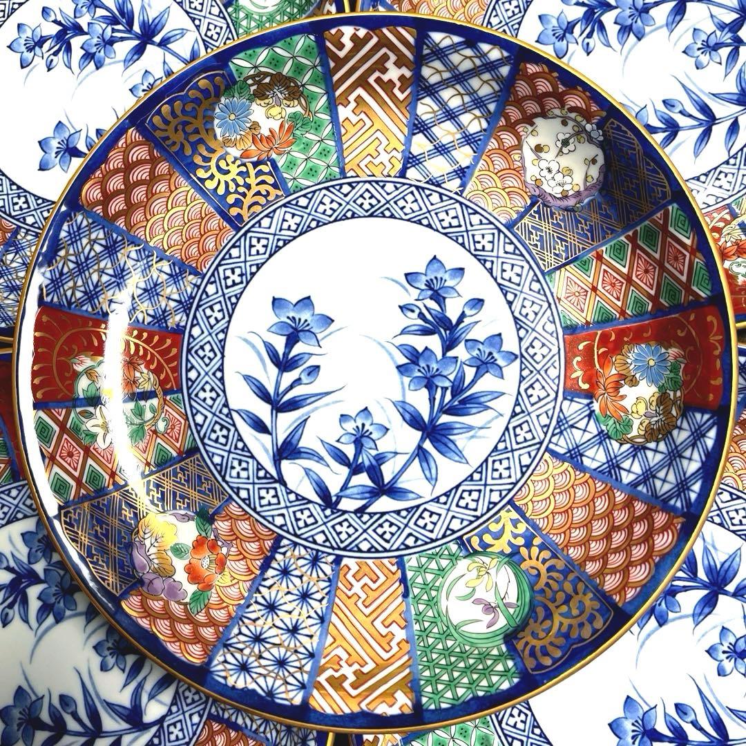有田焼 古伊万里 盛皿揃 金彩 祥瑞花丸紋 5枚入 22cm