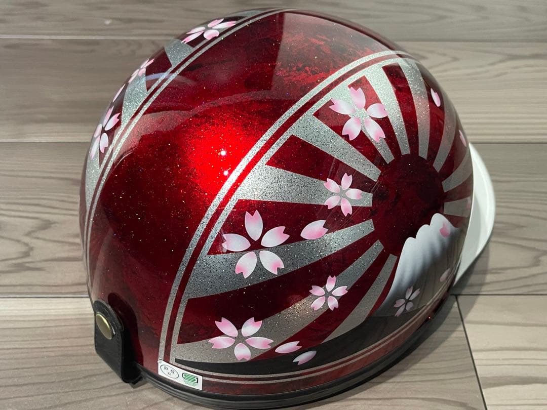 レッドラメ 富士日章 コルク半 ヘルメット 桜 暴走族 旧車會