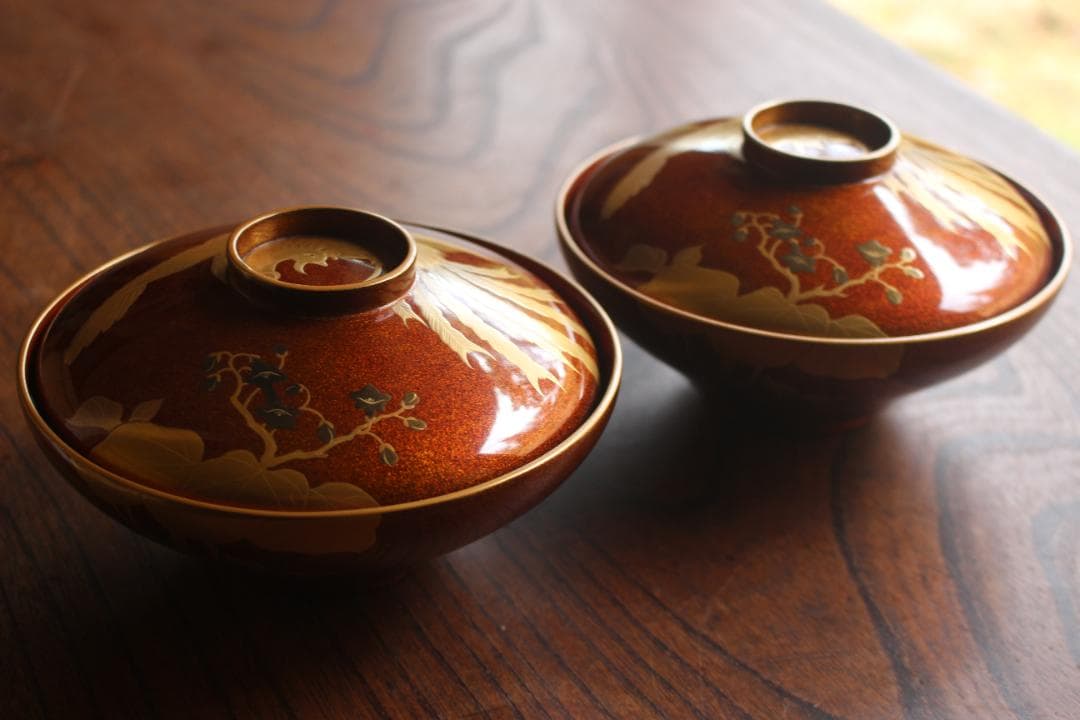 デッドストック！極上内朱梨地に優美な鳳凰蒔絵の映えるお椀2点（検輪島塗雑煮椀