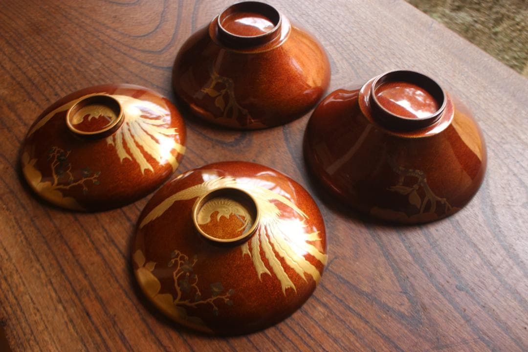 デッドストック！極上内朱梨地に優美な鳳凰蒔絵の映えるお椀2点（検輪島塗雑煮椀