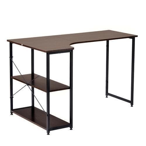 パソコンデスク L字120cm2段ラック付 デスク木製ミシン台 書斎机 ブラウン