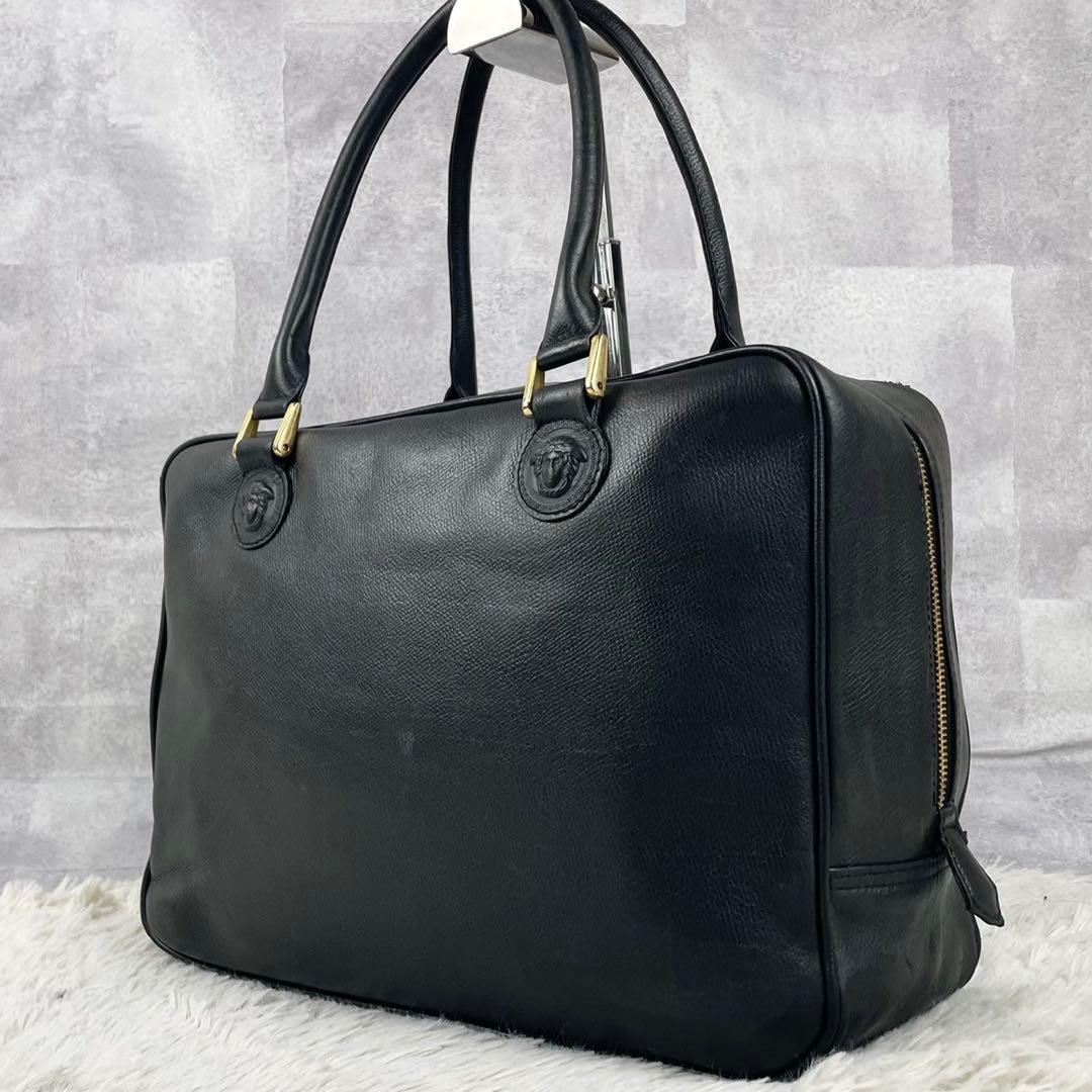 美品 ヴェルサーチ レザー ボストンバッグ メデューサ ロゴ型押し ブラック