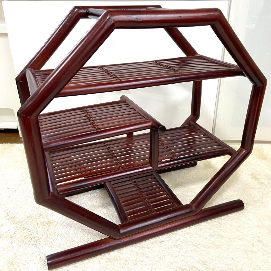八角型飾り棚　茶器棚　珍品収納　コレクション棚　竹工芸　茶道具　アンティーク