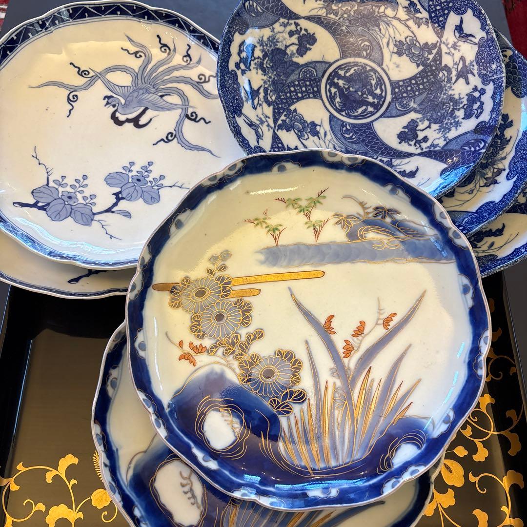 ★古伊万里★色絵　青絵　染付　骨董　7枚　中皿　アンティーク 印判　 正月