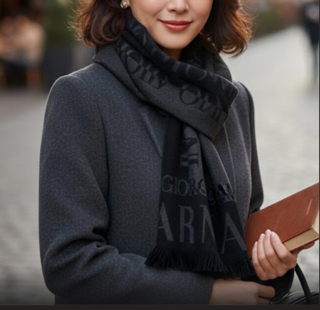 美品✨ジョルジオアルマーニ ウールマフラー フリンジ ロゴ ジャガード 黒