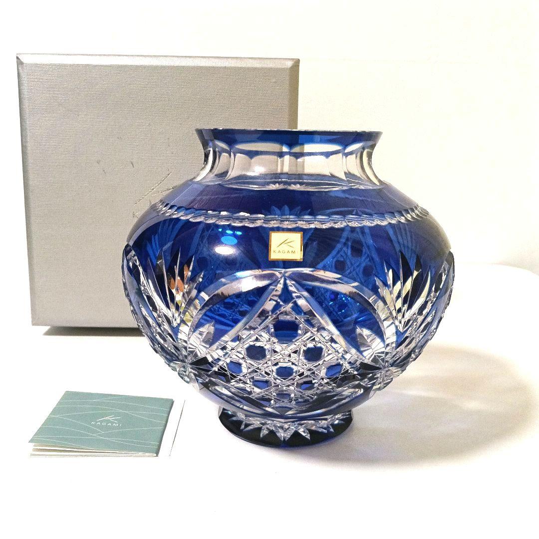 未使用 美品 カガミクリスタル 江戸切子 花瓶 笹葉麻葉紋 伝統工芸士 木村秋男