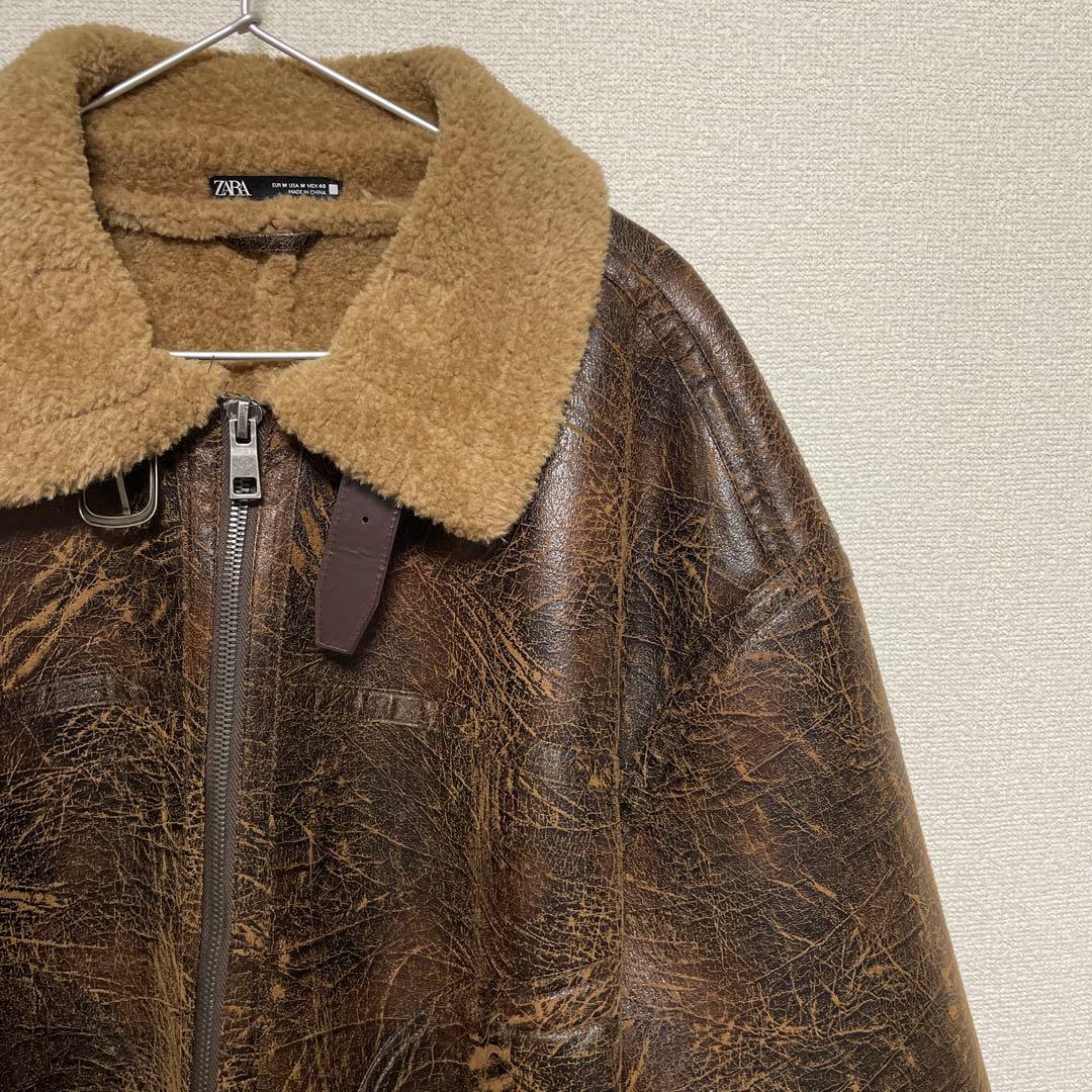 ZARA ボア襟 ブラウンレザー ジャケット