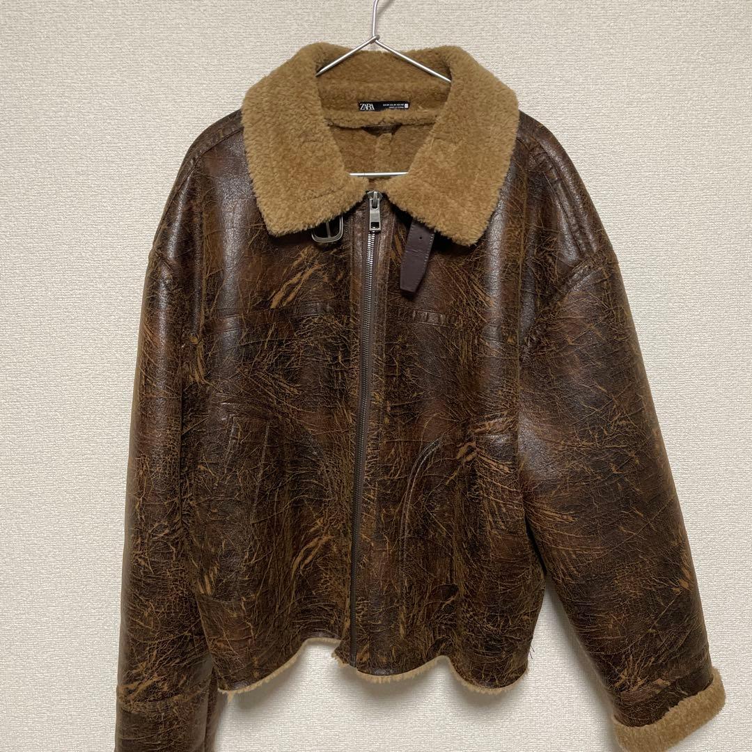 ZARA ボア襟 ブラウンレザー ジャケット