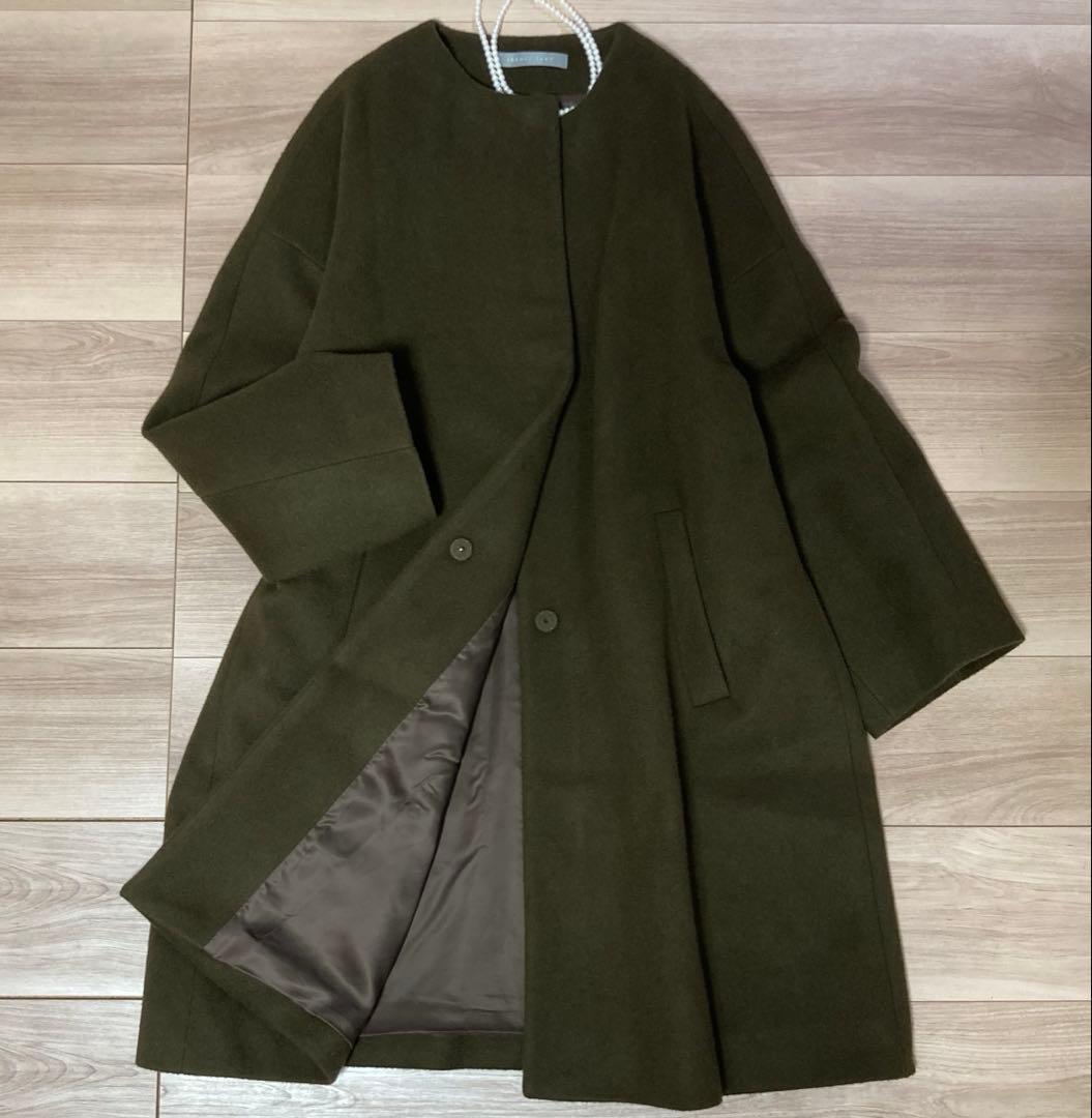 1.2回着　美品　セオリーリュクス　MIHA ノーカラー　コート　カーキ　38
