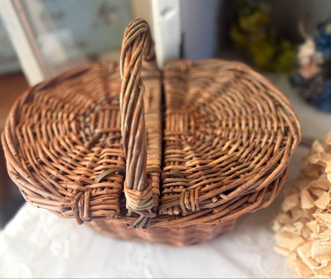 フランスアンティーク パニエ 木製 バスケット 藤 かご 籠 ボックス 蚤の市