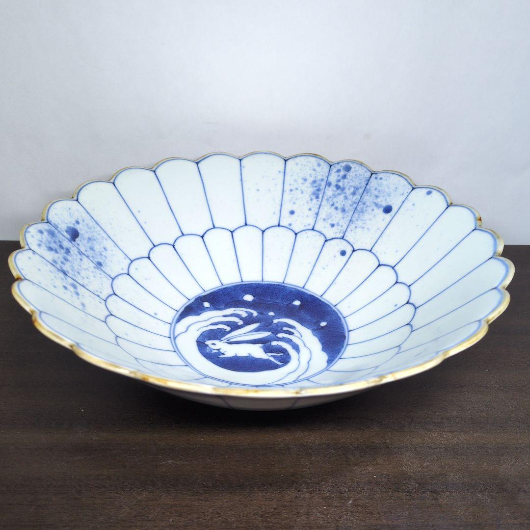 福泉窯 染付 波兎文 菊割 大鉢 口径約29cm