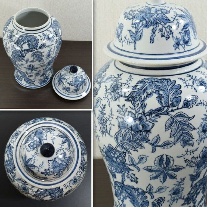 輸入雑貨　シノワズリ　『青白陶器蓋付大壷』　ハンドメイド　陶器　花柄